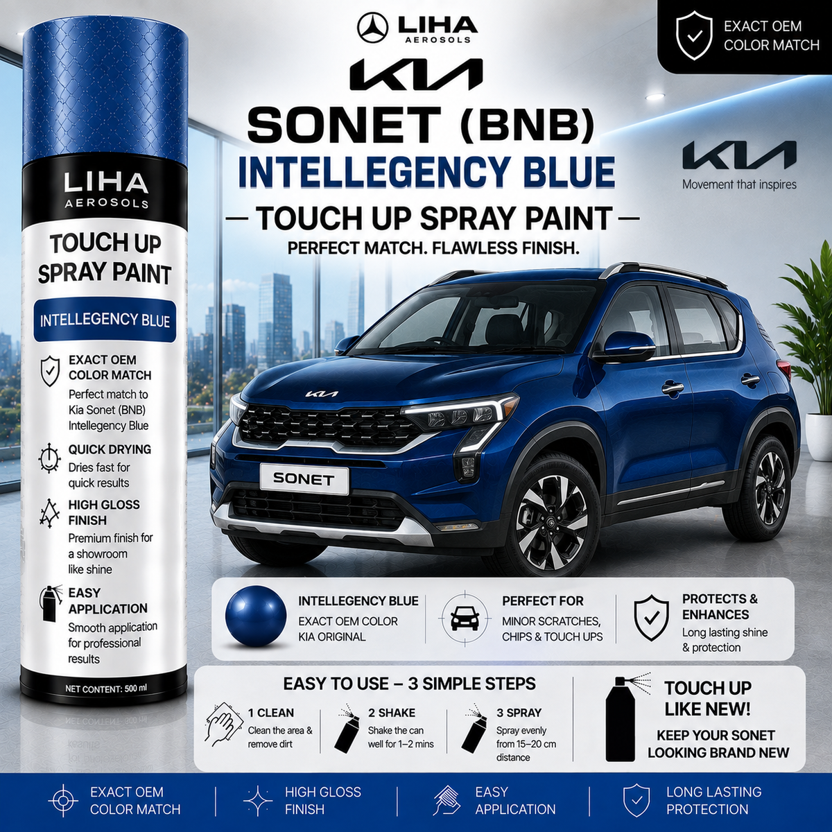 Kia Sonet (BNB) Intelligency Blue Touch Up Spray Paint – OEM Color Match | LIHA Aerosols 500ml