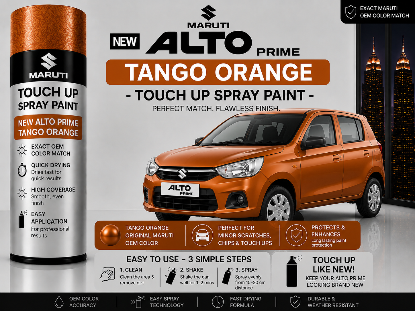 Maruti Suzuki New Alto K10 Prime Tango Orange Touch Up Spray Paint – OEM Color Match | LIHA Aerosols 500ml