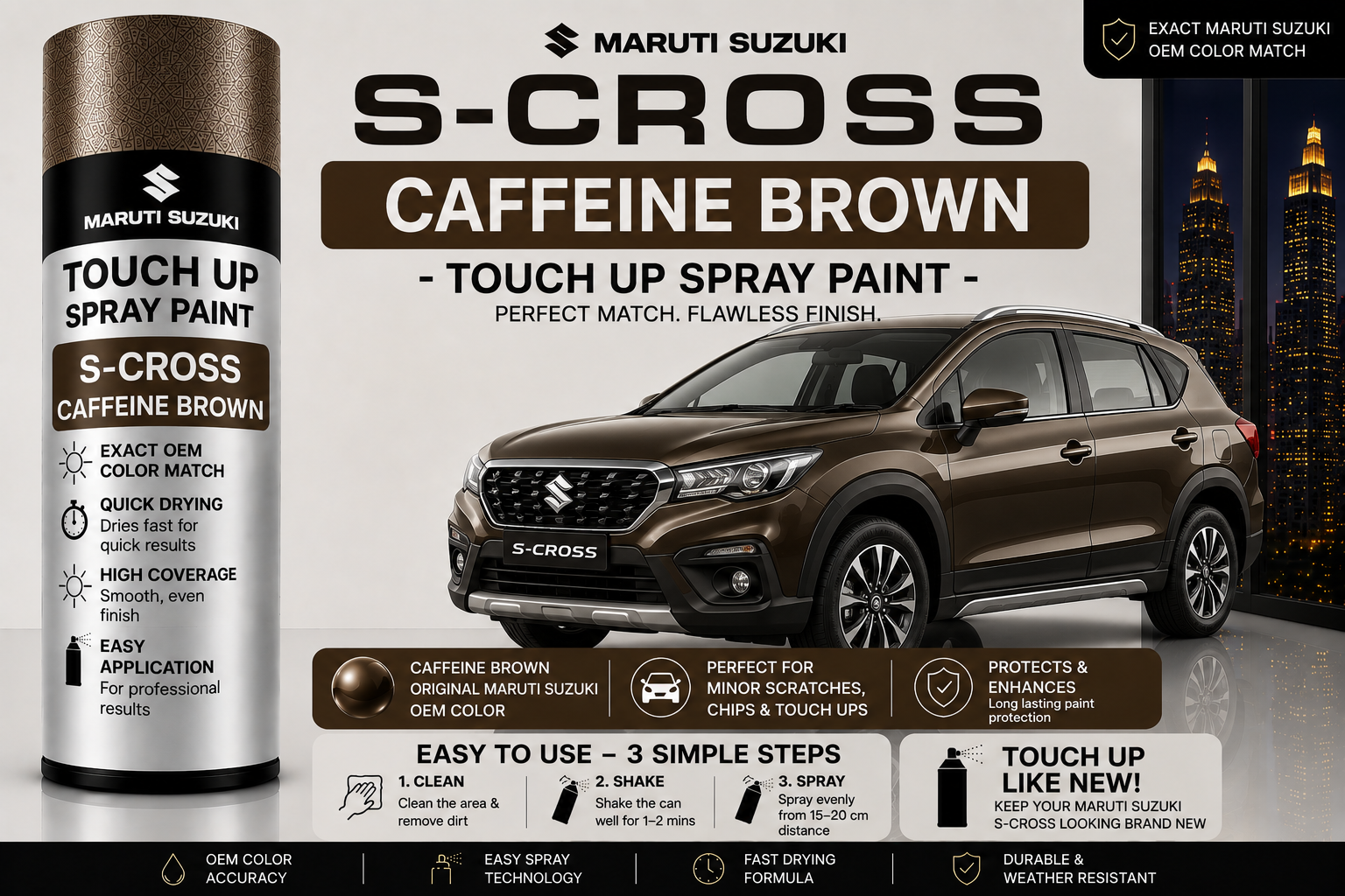 Maruti Suzuki S-Cross Caffeine Brown Touch Up Spray Paint – OEM Color Match | LIHA Aerosols 500ml