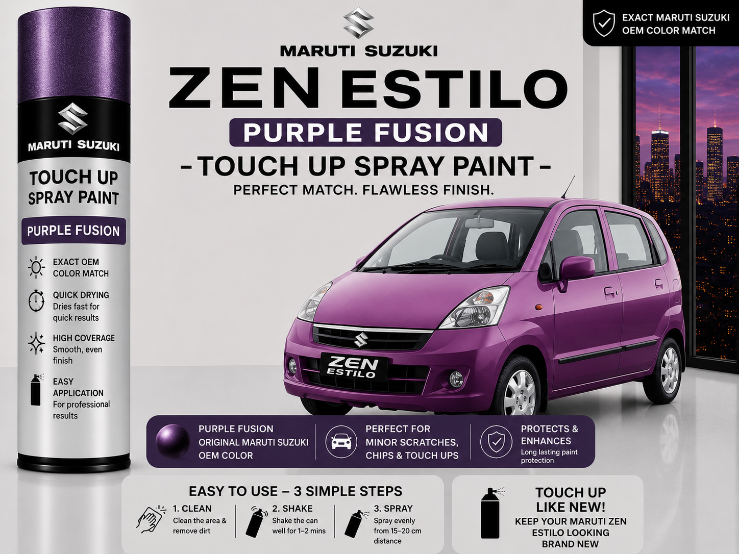 Maruti Suzuki Zen Estilo Purple Fusion Touch Up Spray Paint – OEM Color Match | LIHA Aerosols 500ml