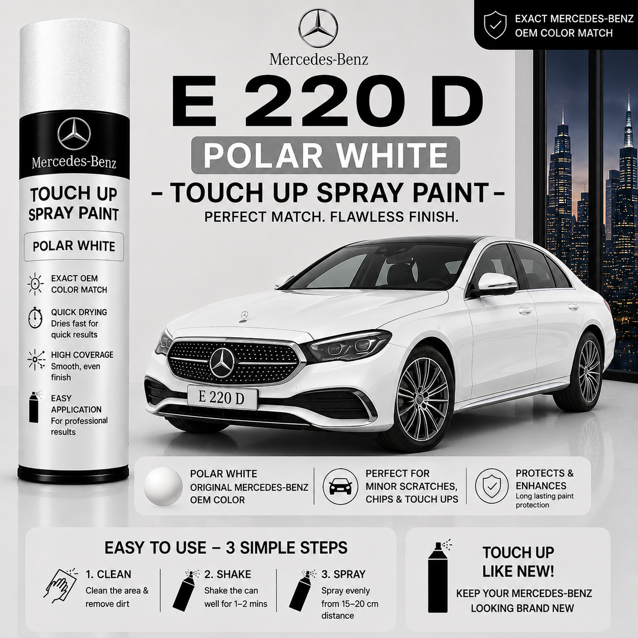 Mercedes-Benz E 220 d Polar White Touch Up Spray Paint – OEM Color Match | LIHA Aerosols 500ml