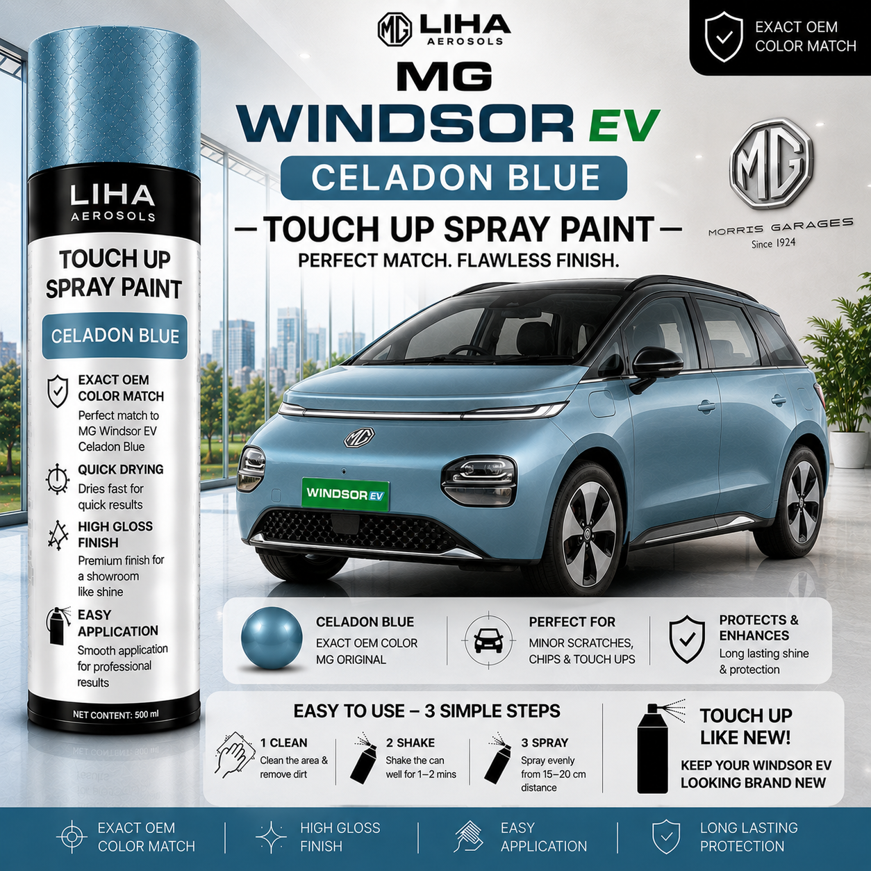 MG Windsor EV Celadon Blue Touch Up Spray Paint – OEM Color Match | LIHA Aerosols 500ml