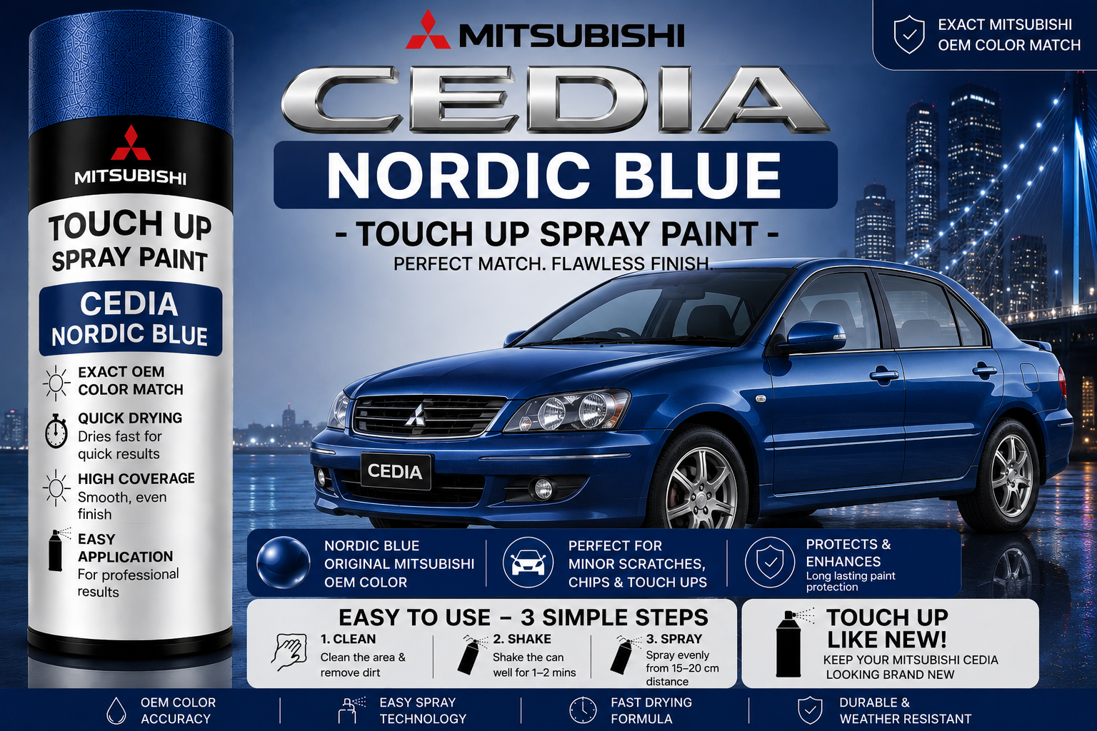 Mitsubishi Cedia Nordic Blue Touch Up Spray Paint – OEM Color Match | LIHA Aerosols 500ml