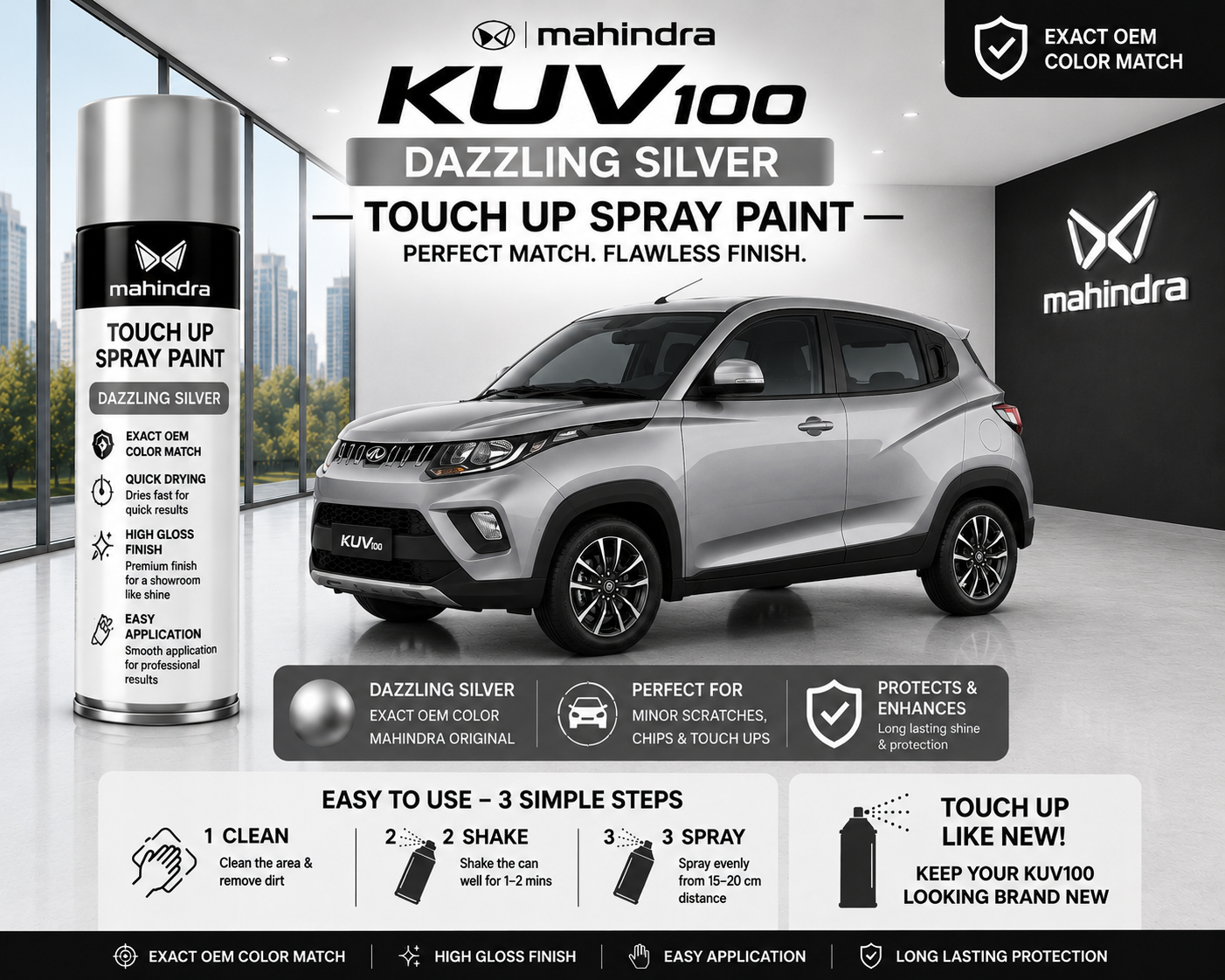Mahindra KUV100 Dazzling Silver Touch Up Spray Paint – OEM Color Match