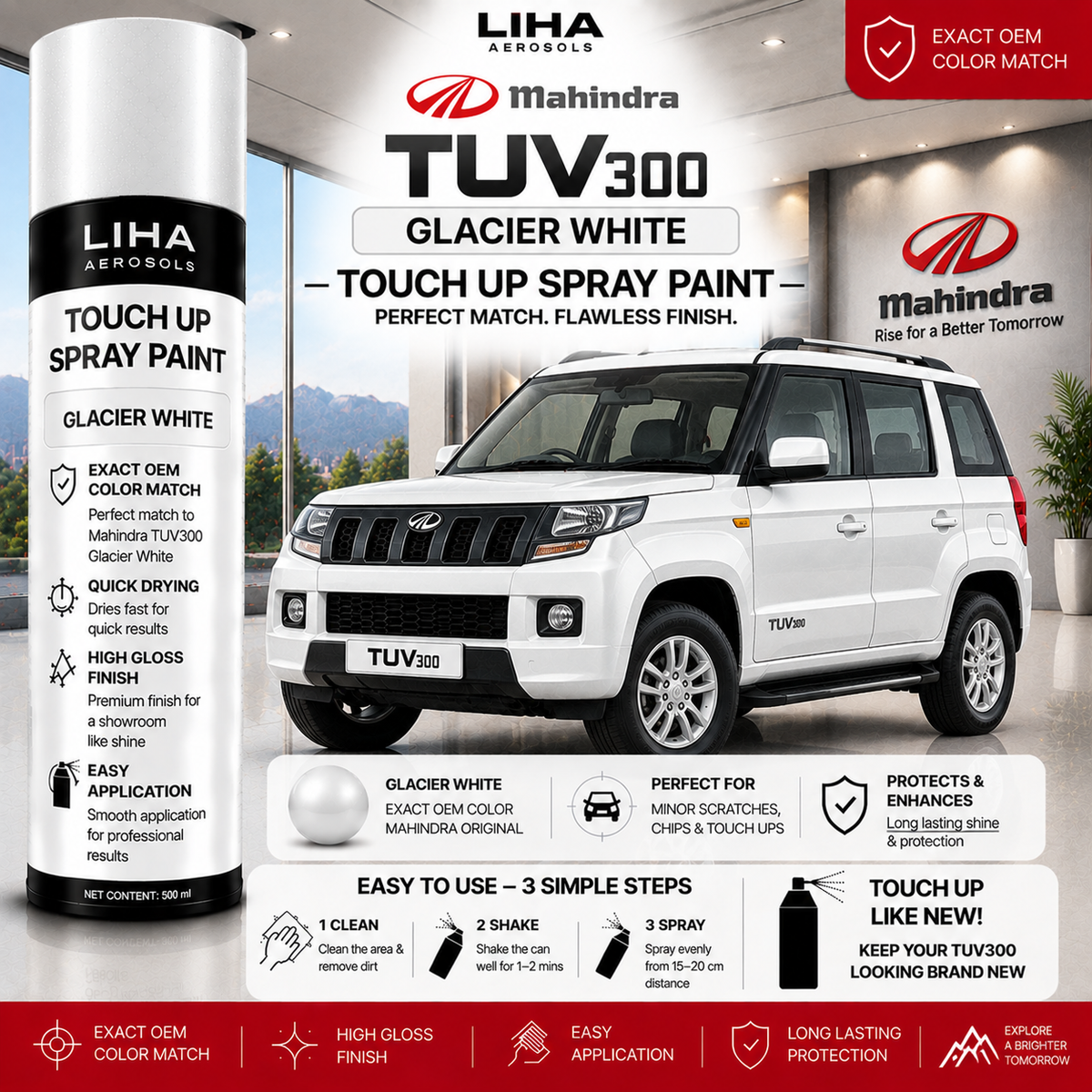 Mahindra TUV300 Glacier White Touch Up Spray Paint – OEM Color Match | LIHA Aerosols 500ml