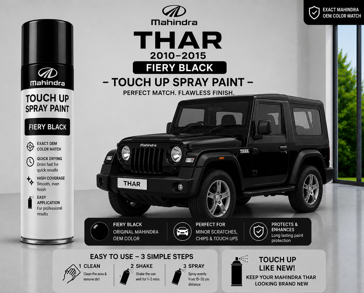 Mahindra Thar Fiery Black Touch Up Spray Paint – OEM Color Match | LIHA Aerosols 500ml