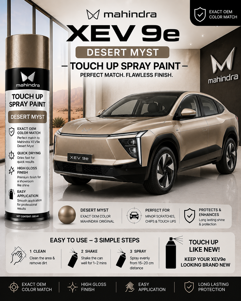 Mahindra XEV 9e Desert Myst Touch Up Spray Paint – OEM Color Match | LIHA Aerosols 500ml