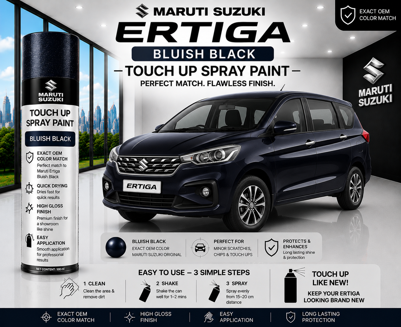 Maruti Suzuki Ertiga Bluish Black Touch Up Spray Paint – OEM Color Match | LIHA Aerosols 500ml