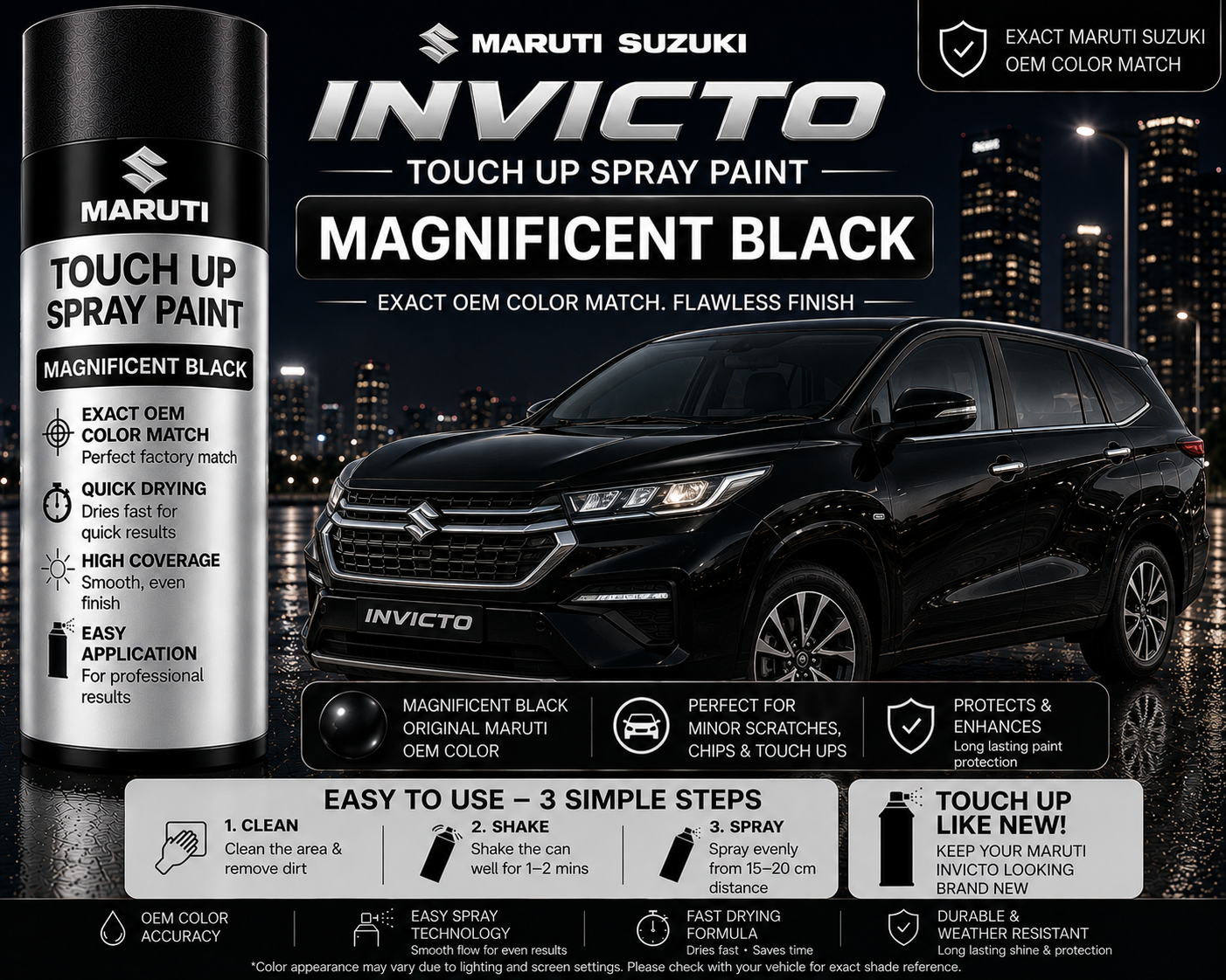 Maruti Suzuki Invicto Magnificent Black Touch Up Spray Paint – OEM Color Match | LIHA Aerosols 500ml