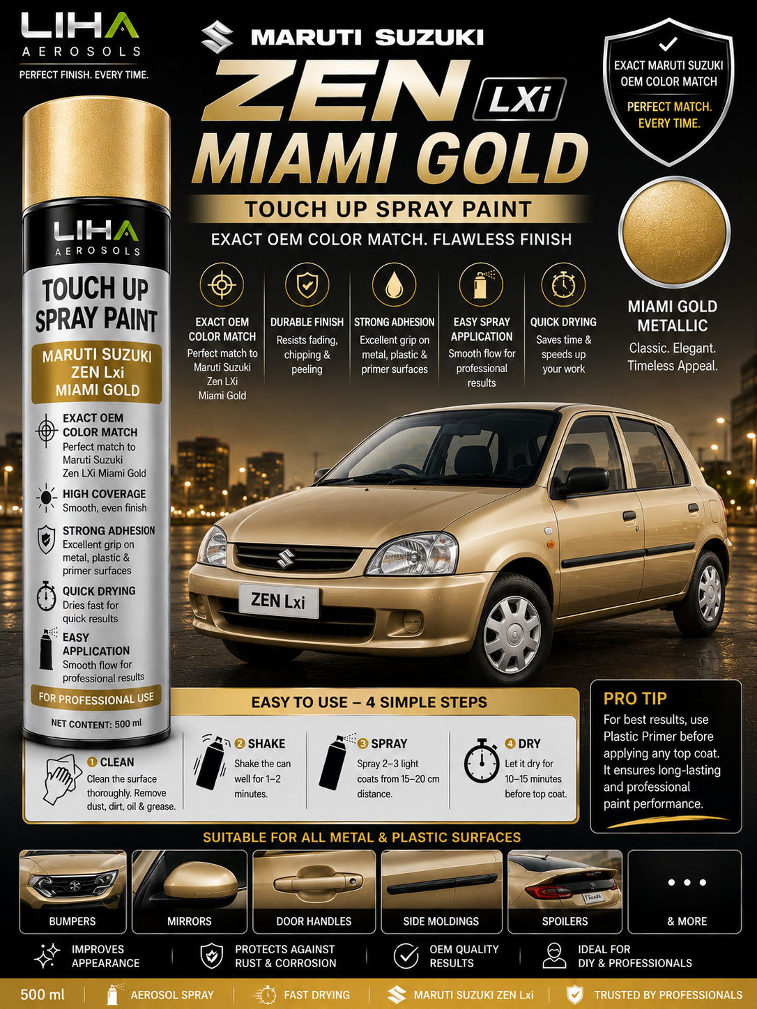 Maruti Suzuki Zen LXI Miami Gold Touch Up Spray Paint – OEM Color Match | LIHA Aerosols 500ml