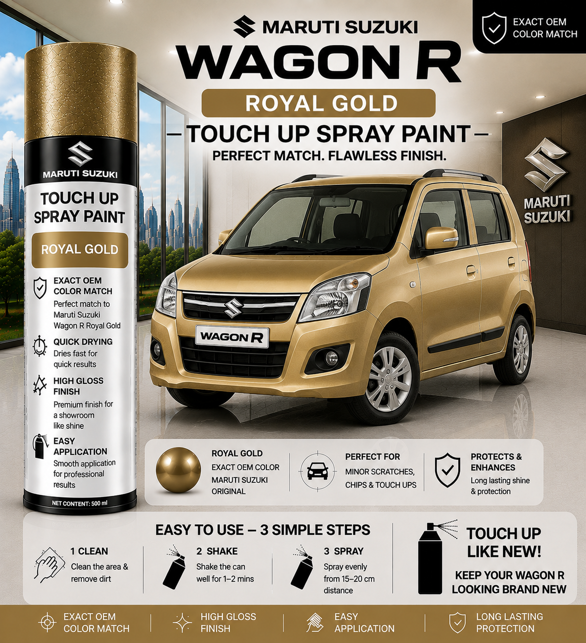 Maruti Suzuki Wagon R Royal Gold Touch Up Spray Paint – OEM Color Match | LIHA Aerosols 500ml