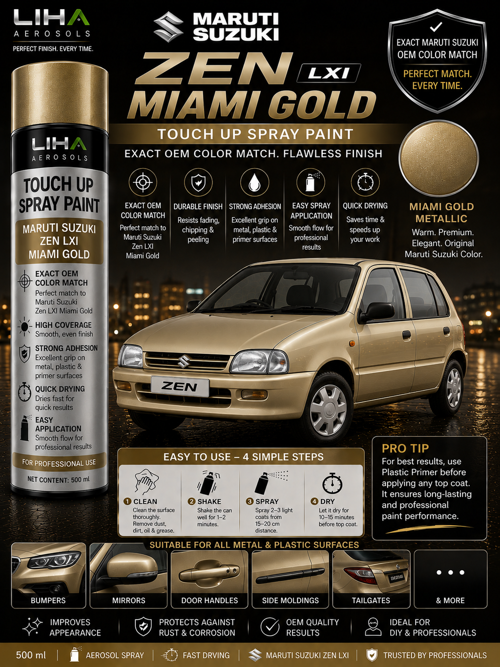 Maruti Suzuki Zen LXI Miami Gold OEM Color Match Touch Up Spray Paint 500ml | LIHA Aerosols Automotive Paint
