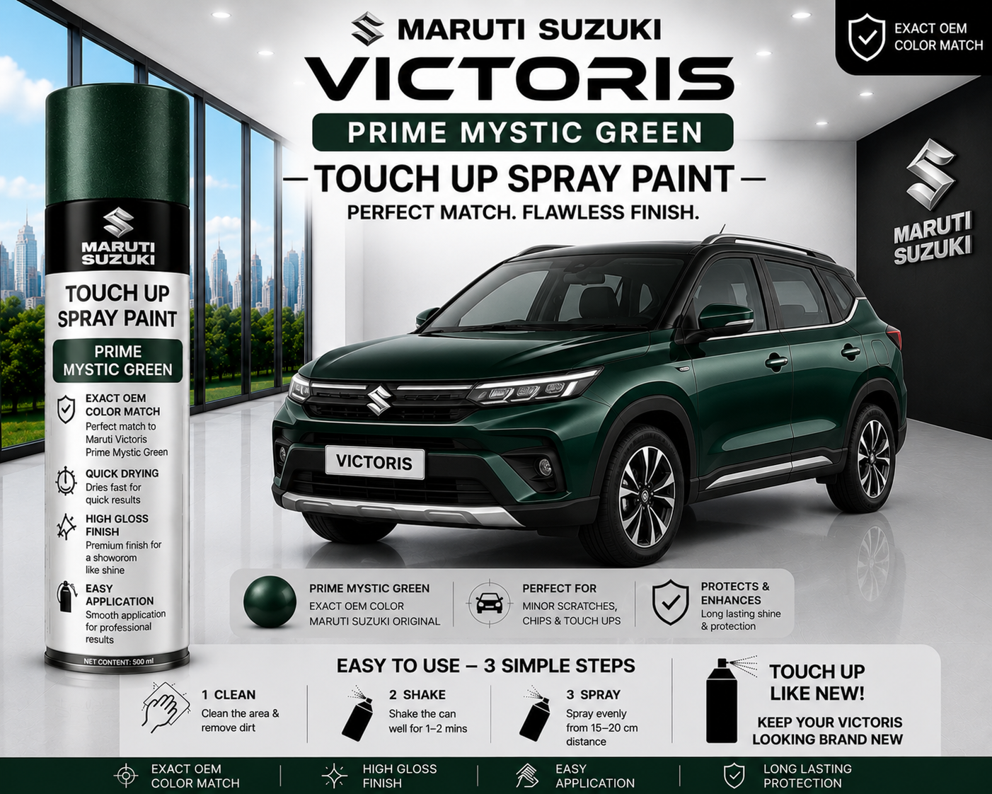 Maruti Suzuki Victoris Prime Mystic Green Touch Up Spray Paint – OEM Color Match | LIHA Aerosols 500ml