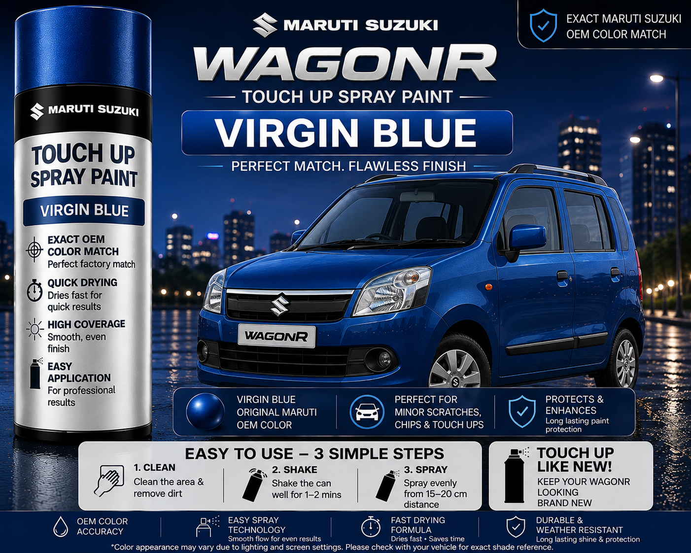 Maruti Suzuki Wagon R Virgin Blue Touch Up Spray Paint – OEM Color Match | LIHA Aerosols 500ml