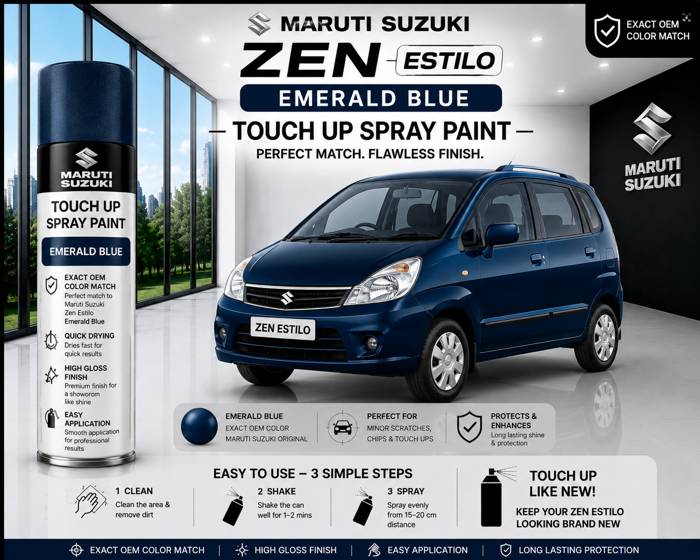 Maruti Suzuki Zen Estilo Emerald Blue Touch Up Spray Paint – OEM Color Match | LIHA Aerosols 500ml