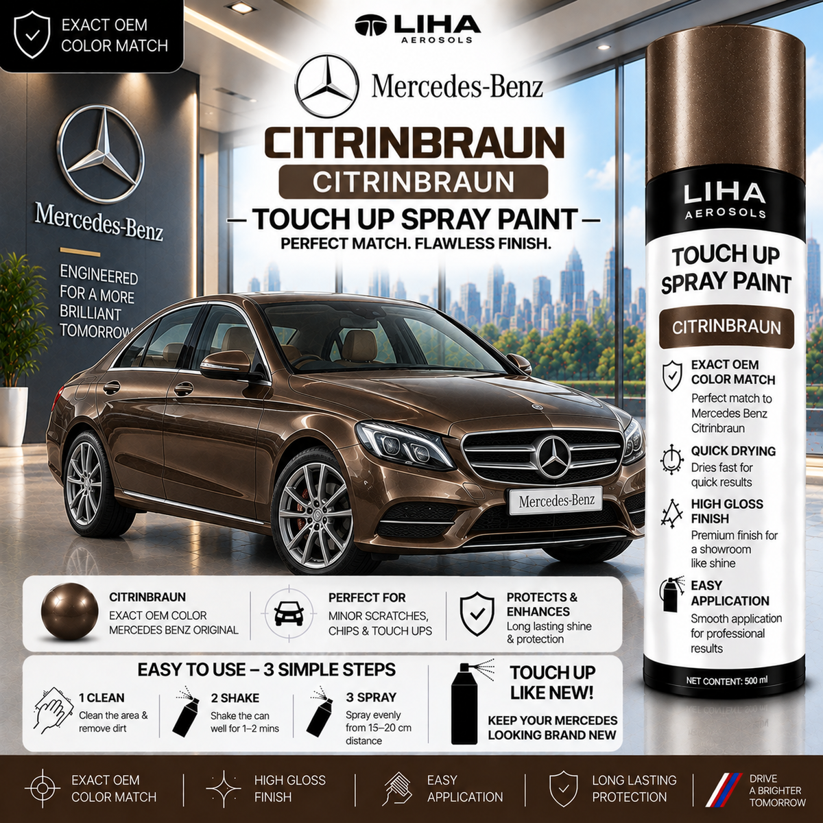 Mercedes-Benz Citrinbraun Touch Up Spray Paint – OEM Color Match | LIHA Aerosols 500ml