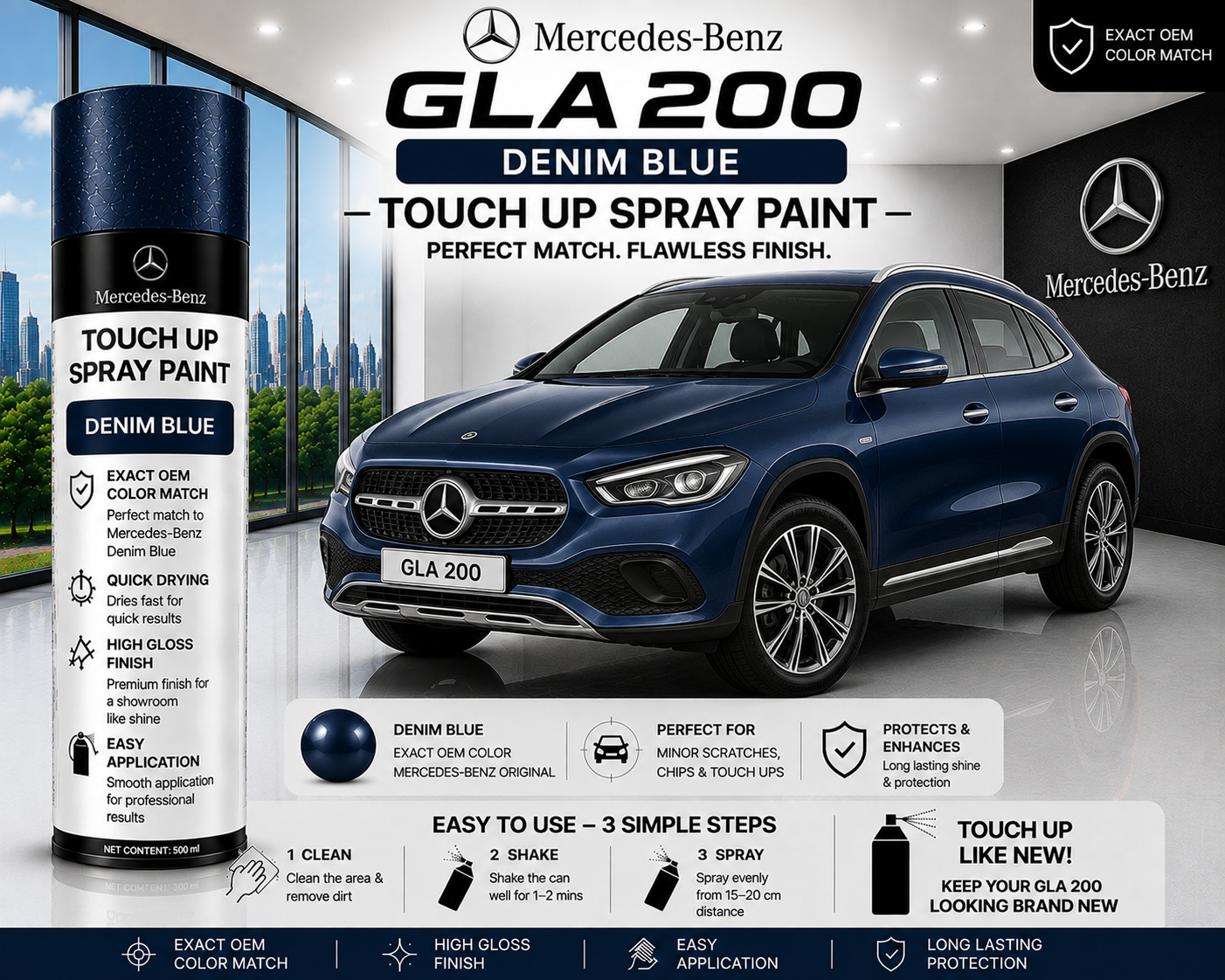 Mercedes-Benz GLA 200 Denim Blue Touch Up Spray Paint – OEM Color Match | LIHA Aerosols 500ml