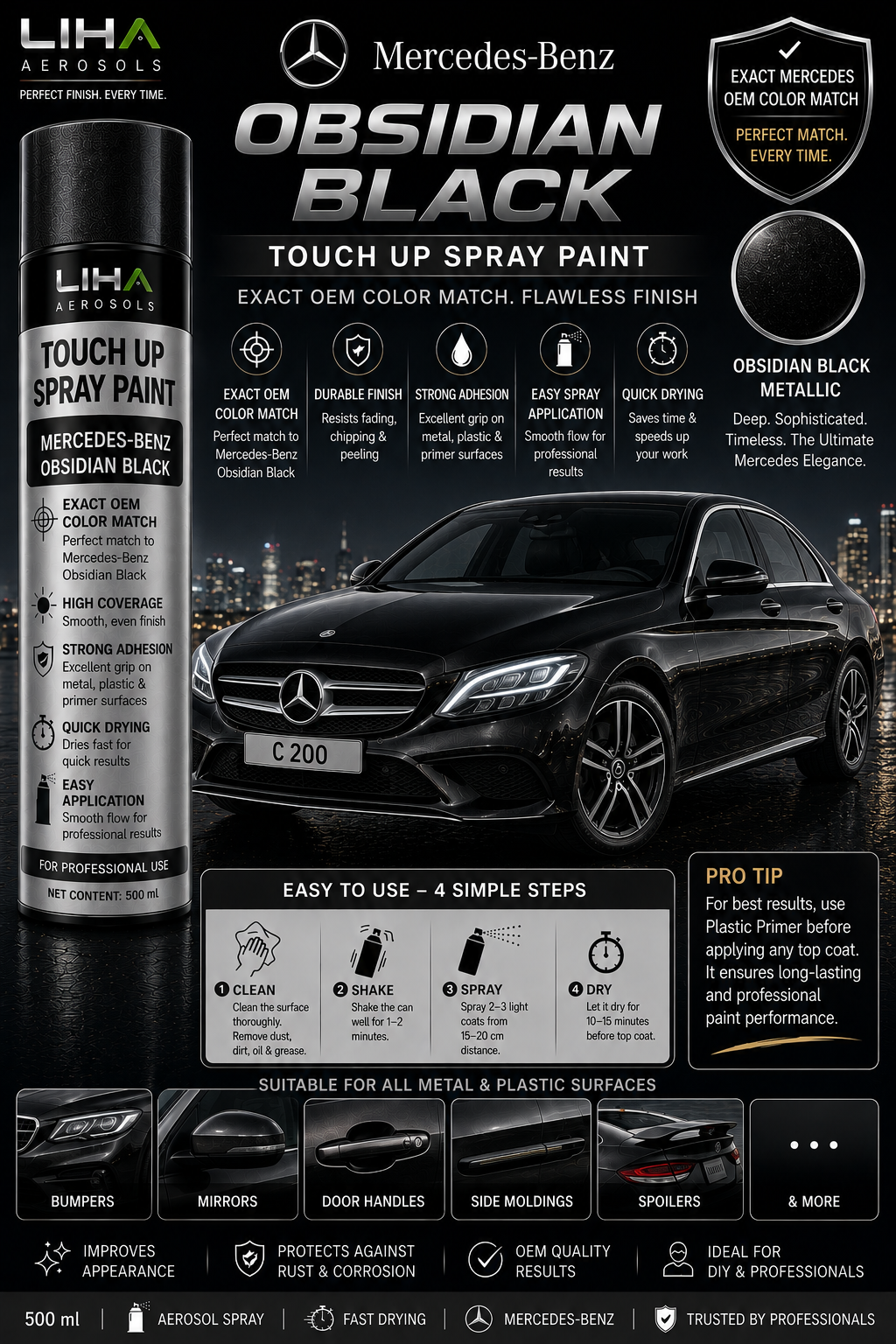 Mercedes-Benz Obsidian Black Metallic OEM Color Match Touch Up Spray Paint 500ml | LIHA Aerosols Automotive Paint