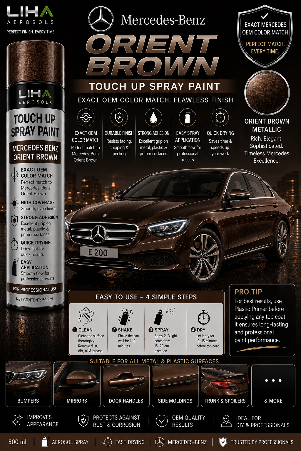 Mercedes-Benz Orient Brown Metallic OEM Color Match Touch Up Spray Paint 500ml | LIHA Aerosols Automotive Paint