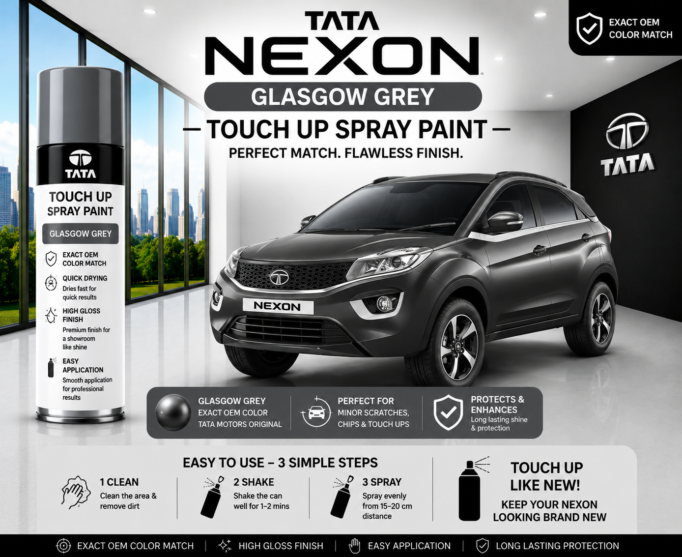 Tata Nexon Glasgow Grey Touch Up Spray Paint – OEM Color Match