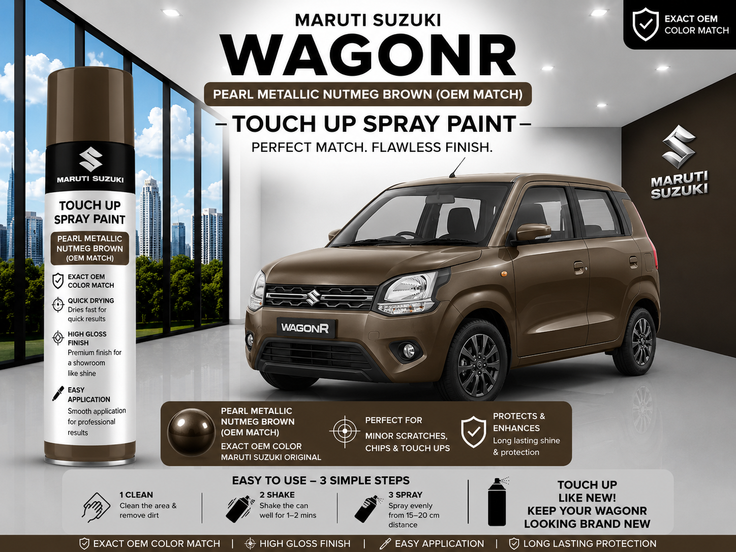 Maruti Suzuki WagonR Pearl Metallic Nutmeg Brown Touch Up Spray Paint – OEM Color Match | LIHA Aerosols 500ml