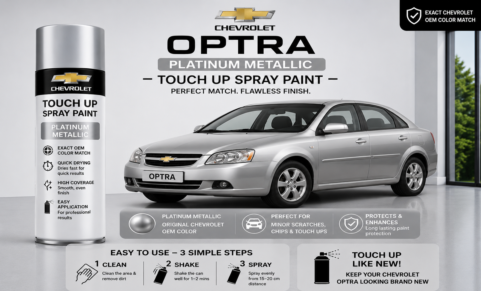 Chevrolet Optra Platinum Metallic Touch Up Spray Paint – OEM Color Match | LIHA Aerosols 500ml