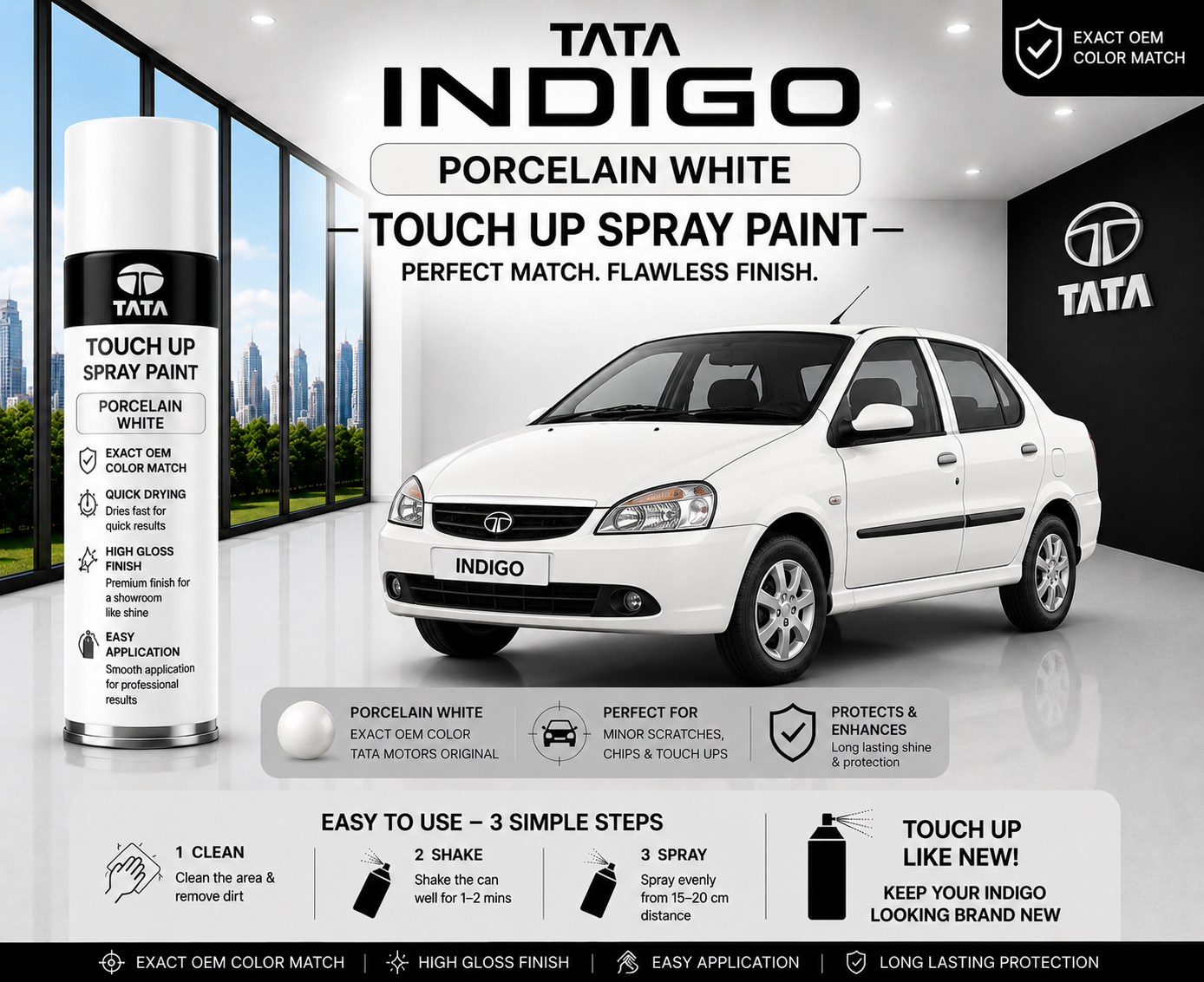 Tata Indigo Porcelain White Touch Up Spray Paint – OEM Color Match | LIHA Aerosols 500ml