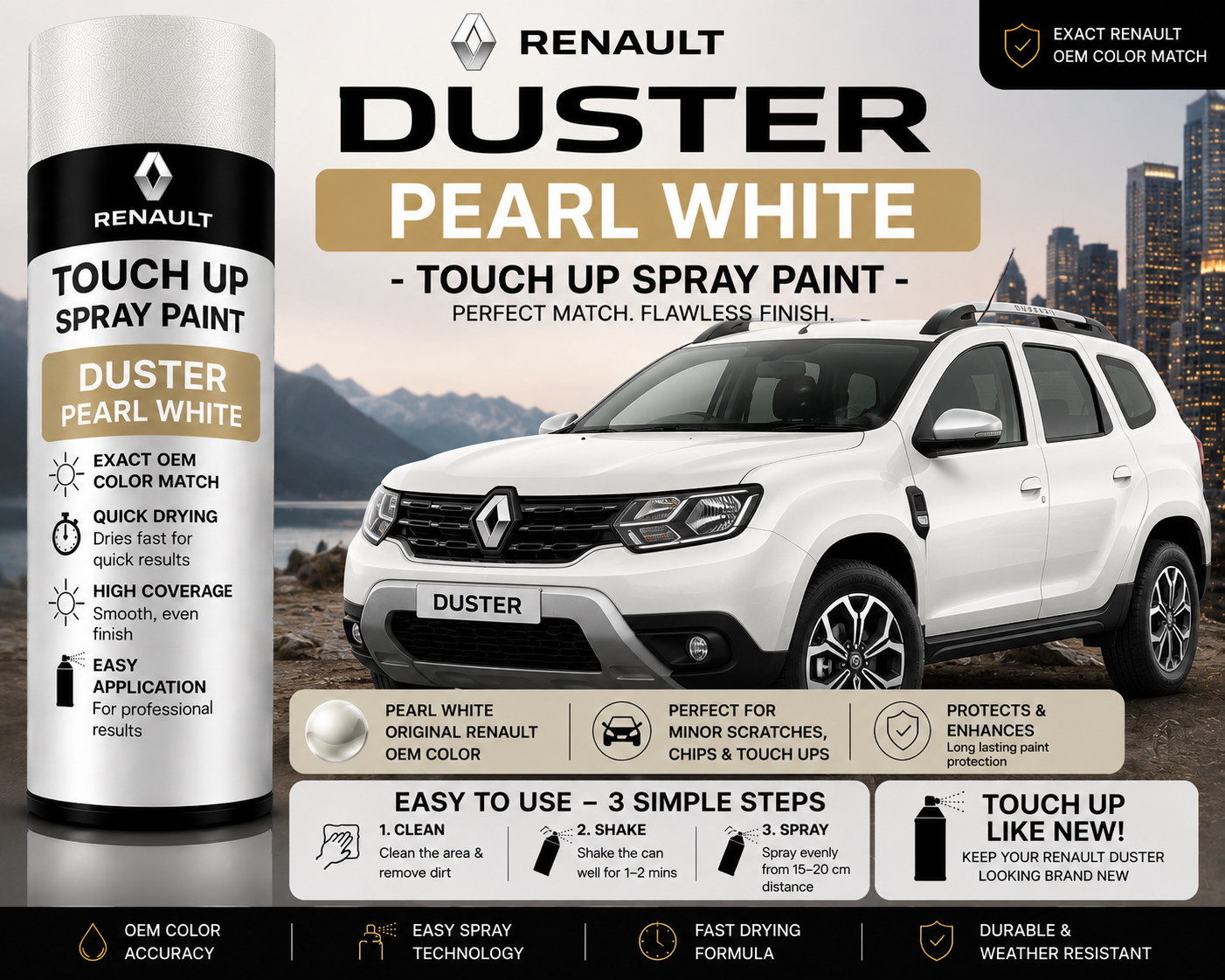 Renault Duster Pearl White Touch Up Spray Paint – OEM Color Match | LIHA Aerosols 500ml