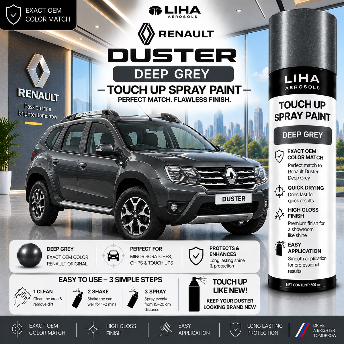 Renault Duster Deep Grey Touch Up Spray Paint – OEM Color Match | LIHA Aerosols 500ml