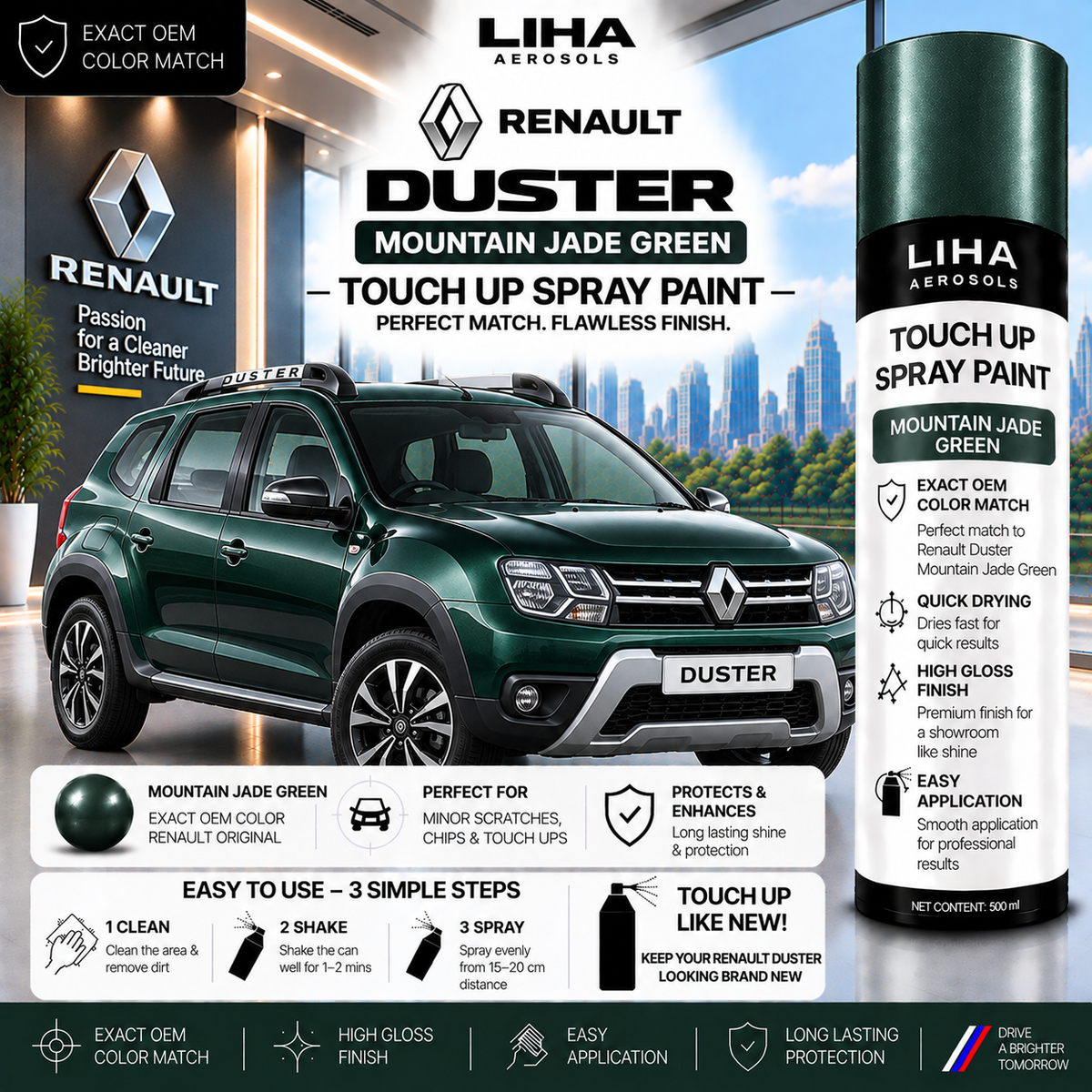 Renault Duster Mountain Jade Green Touch Up Spray Paint – OEM Color Match | LIHA Aerosols 500ml