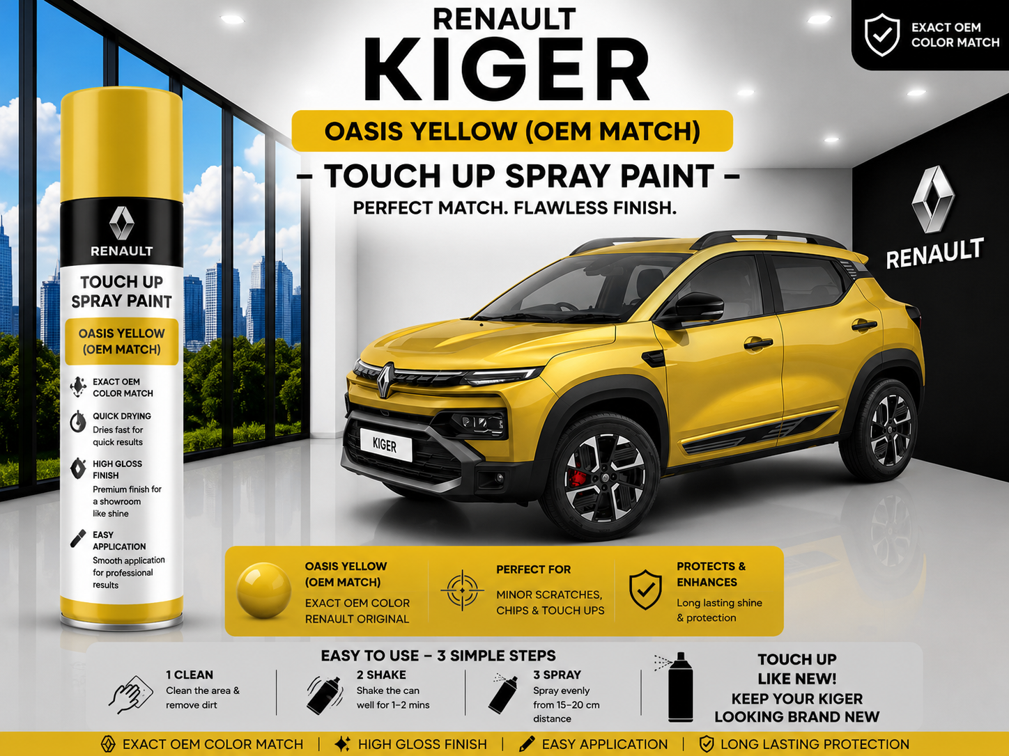 Renault Kiger Oasis Yellow Touch Up Spray Paint – OEM Color Match | LIHA Aerosols 500ml