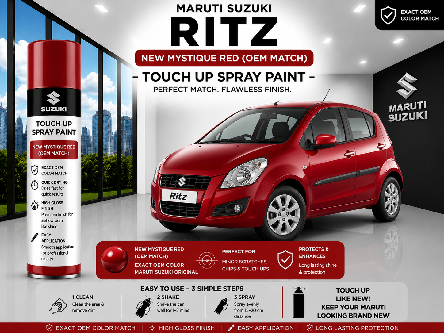 Maruti Suzuki Ritz New Mystique Red Touch Up Spray Paint – OEM Color Match | LIHA Aerosols 500ml