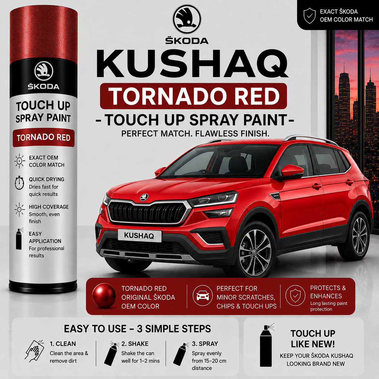 Skoda Kushaq Tornado Red Touch Up Spray Paint – OEM Color Match | LIHA Aerosols 500ml