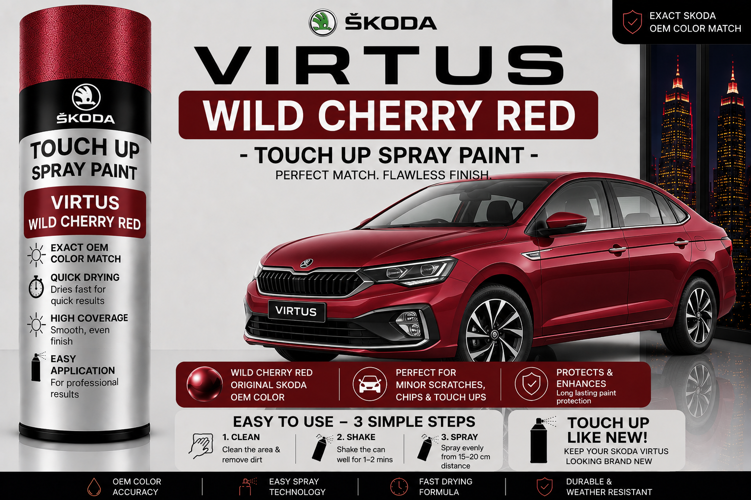Skoda Virtus Wild Cherry Red Touch Up Spray Paint – OEM Color Match | LIHA Aerosols 500ml