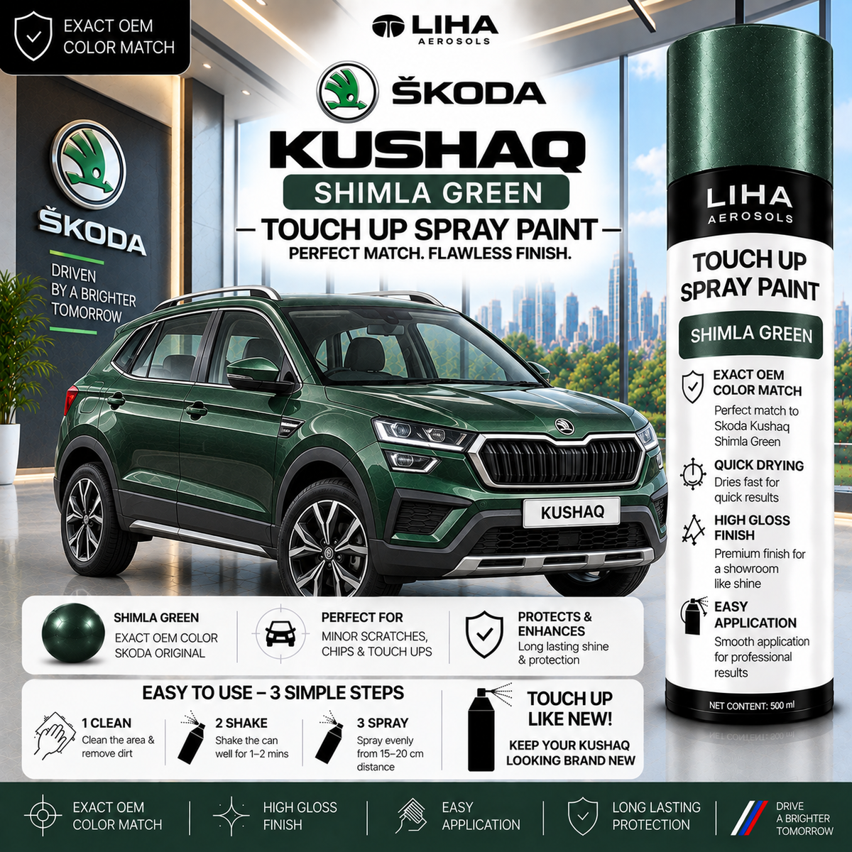 Skoda Kushaq Shimla Green Touch Up Spray Paint – OEM Color Match | LIHA Aerosols 500ml