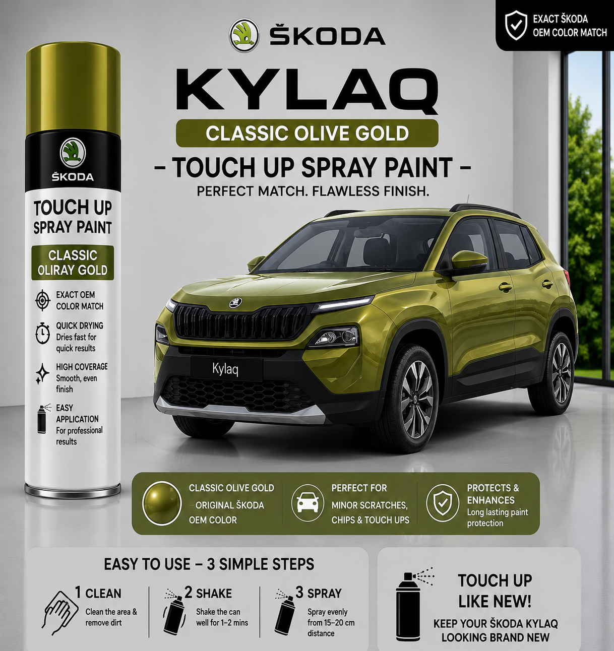 Skoda Kylaq Classic Olive Gold Touch Up Spray Paint – OEM Color Match | LIHA Aerosols 500ml