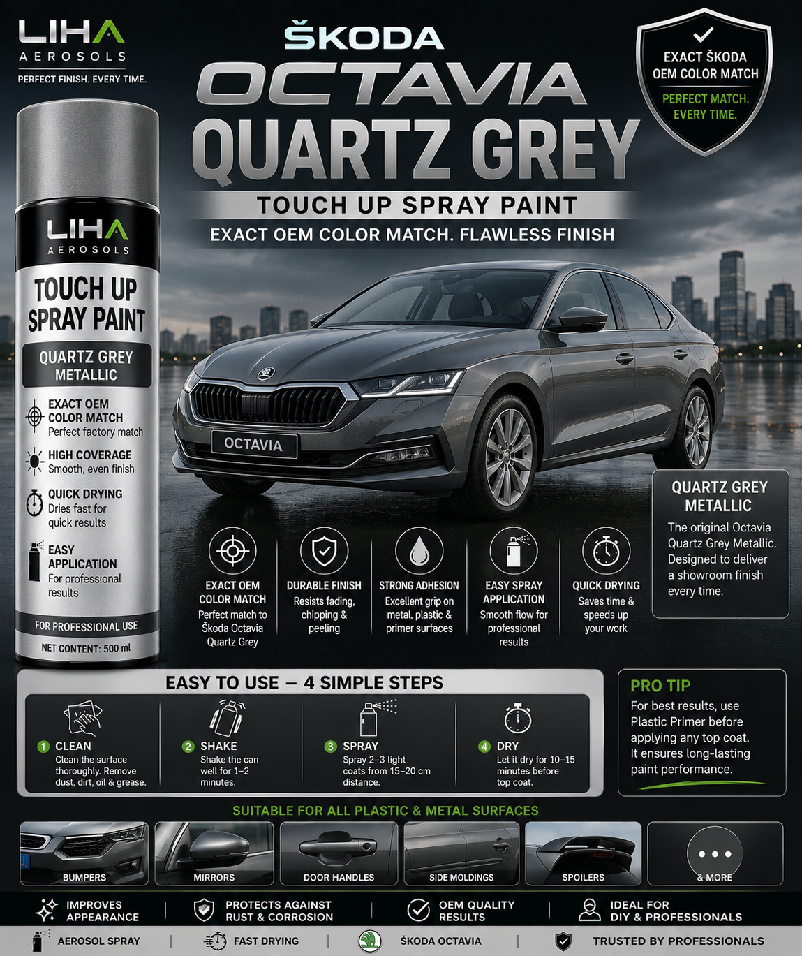 Skoda Octavia Quartz Grey Touch Up Spray Paint – OEM Color Match | LIHA Aerosols 500ml