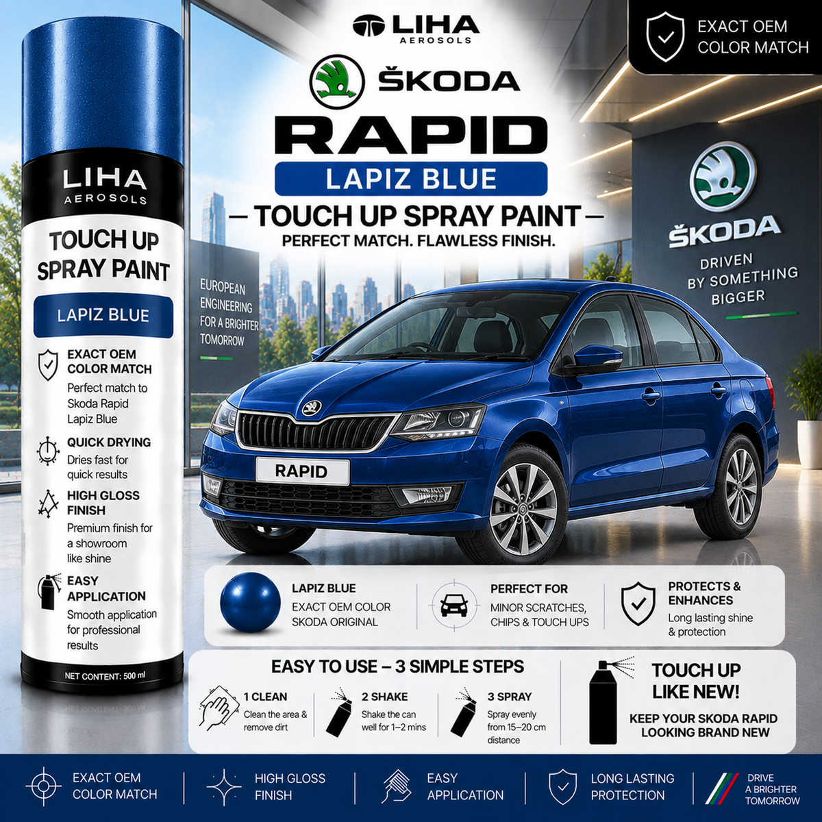 Skoda Rapid Lapiz Blue Touch Up Spray Paint – OEM Color Match | LIHA Aerosols 500ml