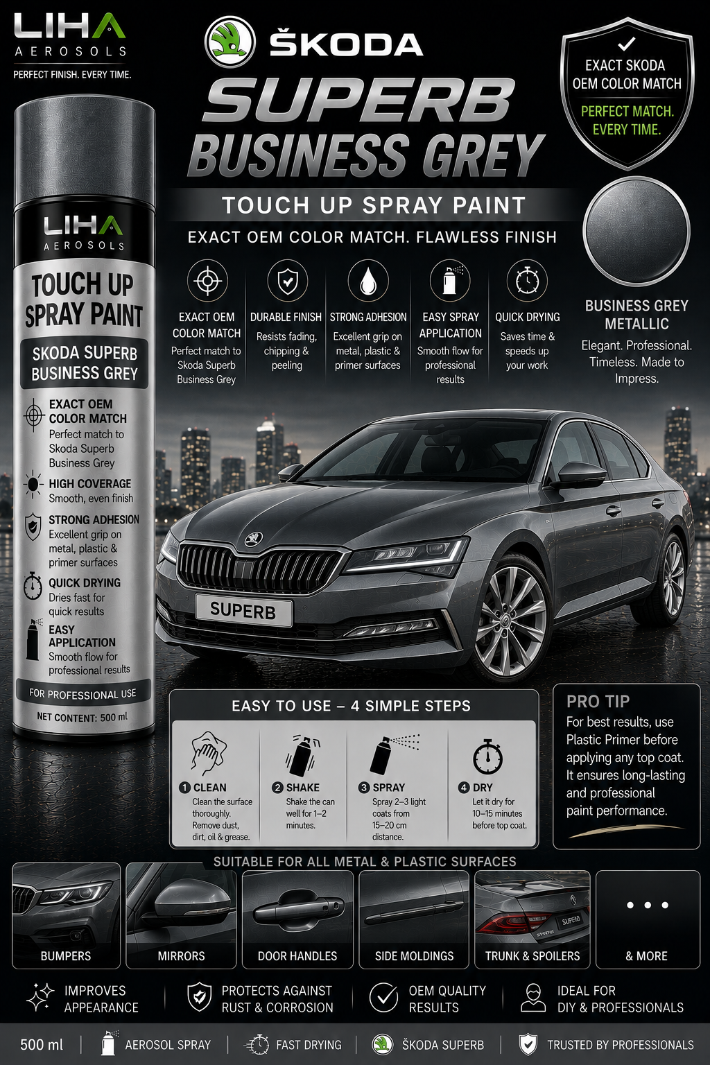 Skoda Superb Business Grey OEM Color Match Touch Up Spray Paint 500ml | LIHA Aerosols Automotive Paint