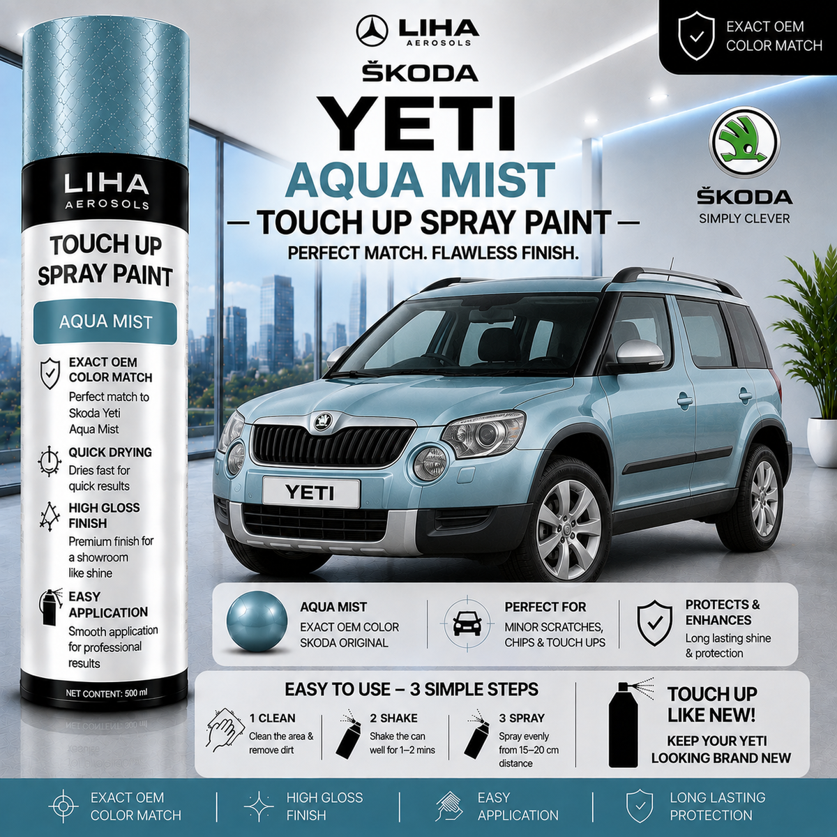 Skoda Yeti Aqua Mist Touch Up Spray Paint – OEM Color Match | LIHA Aerosols 500ml
