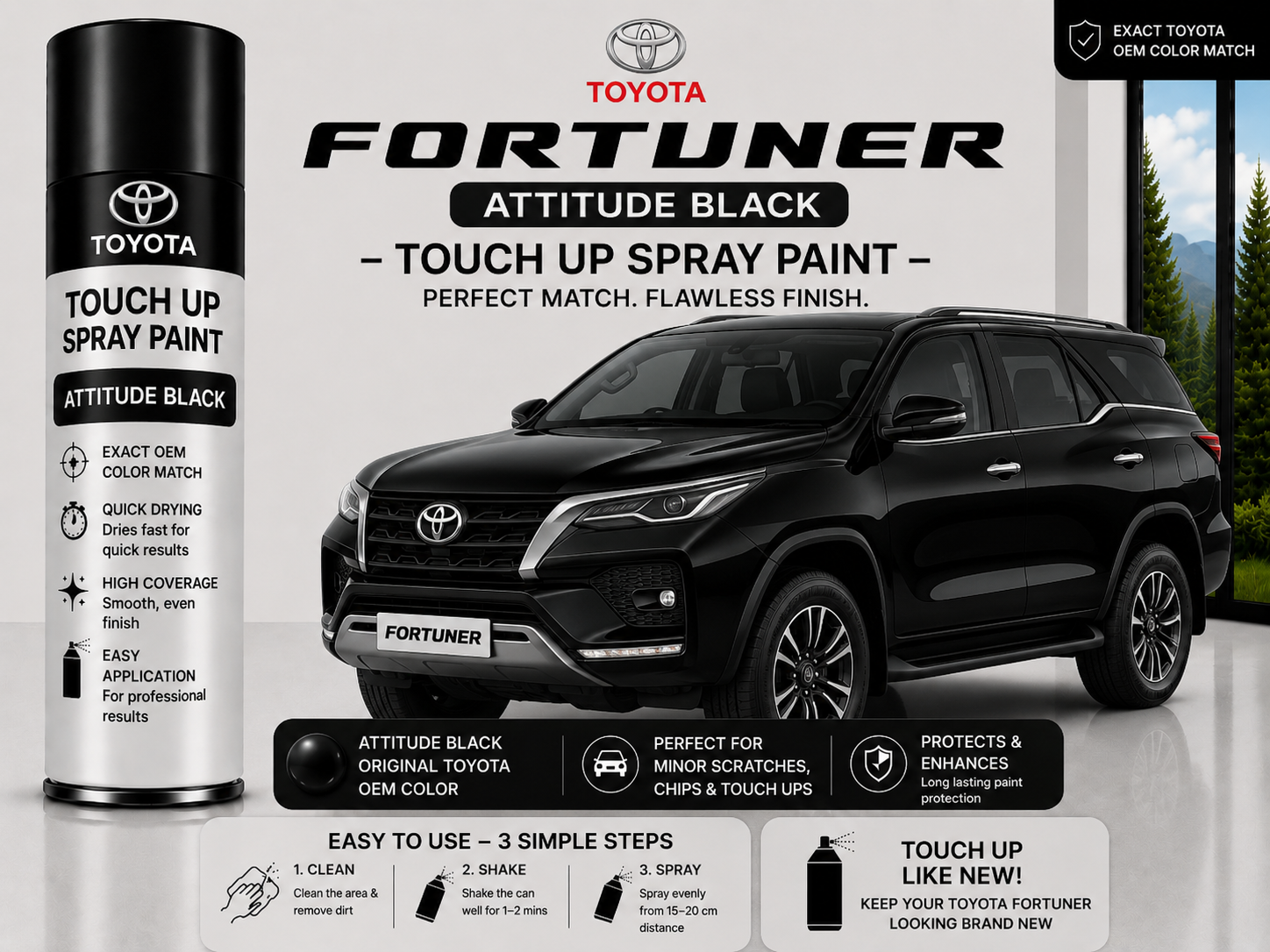 Toyota Fortuner Attitude Black Touch Up Spray Paint – OEM Color Match | LIHA Aerosols 500ml