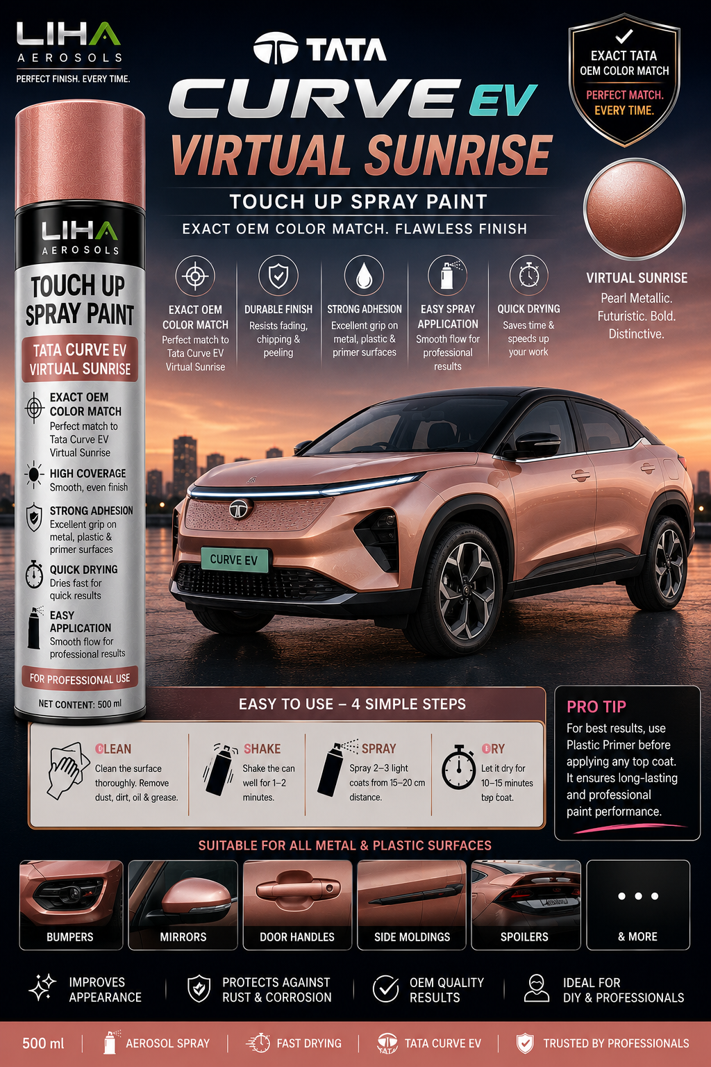 Tata Curvv EV Virtual Sunrise Touch Up Spray Paint – OEM Color Match | LIHA Aerosols 500ml