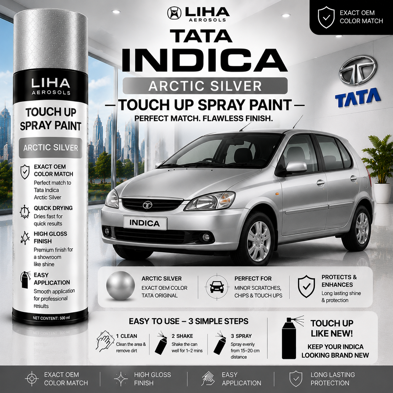 Tata Indica Arctic Silver Touch Up Spray Paint – OEM Color Match | LIHA Aerosols 500ml