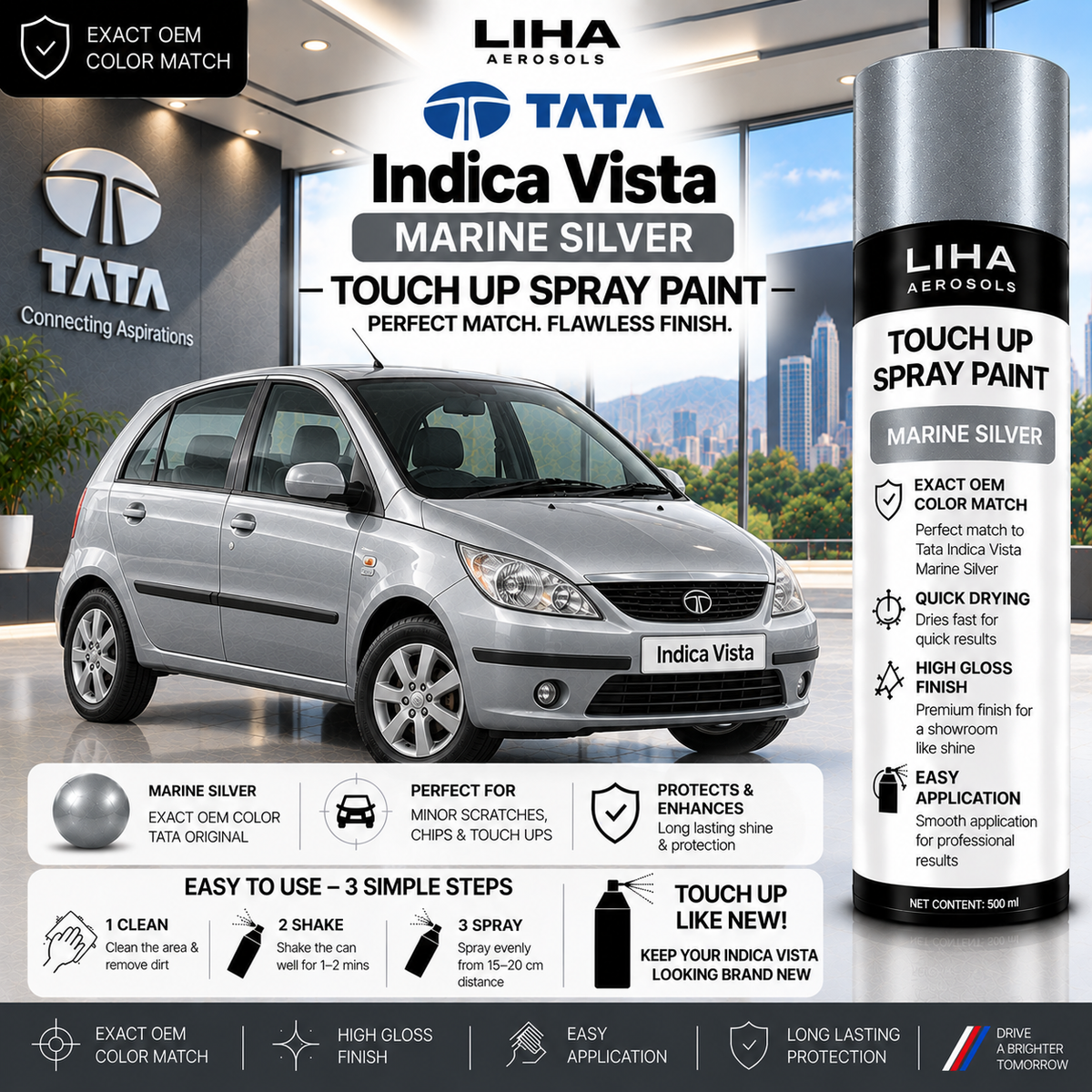 Tata Indica Vista Marine Silver Touch Up Spray Paint – OEM Color Match | LIHA Aerosols 500ml