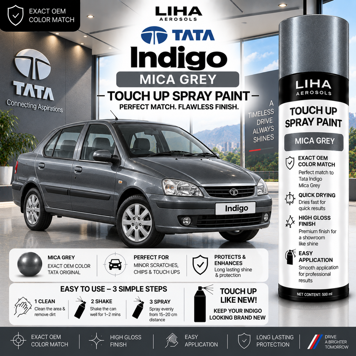 Tata Indigo Mica Grey Touch Up Spray Paint – OEM Color Match | LIHA Aerosols 500ml