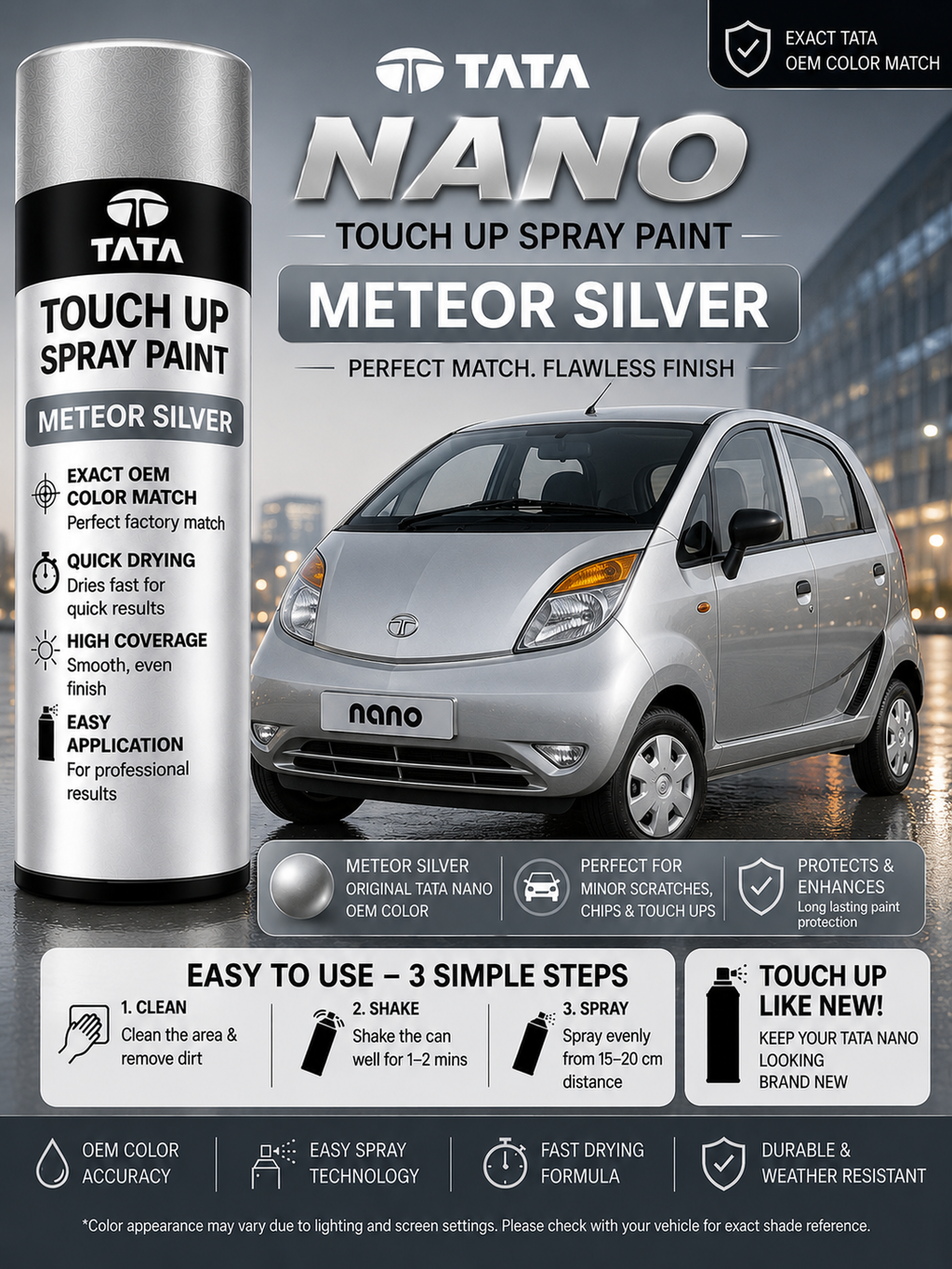 Tata Nano Meteor Silver Touch Up Spray Paint – OEM Color Match | LIHA Aerosols 500ml