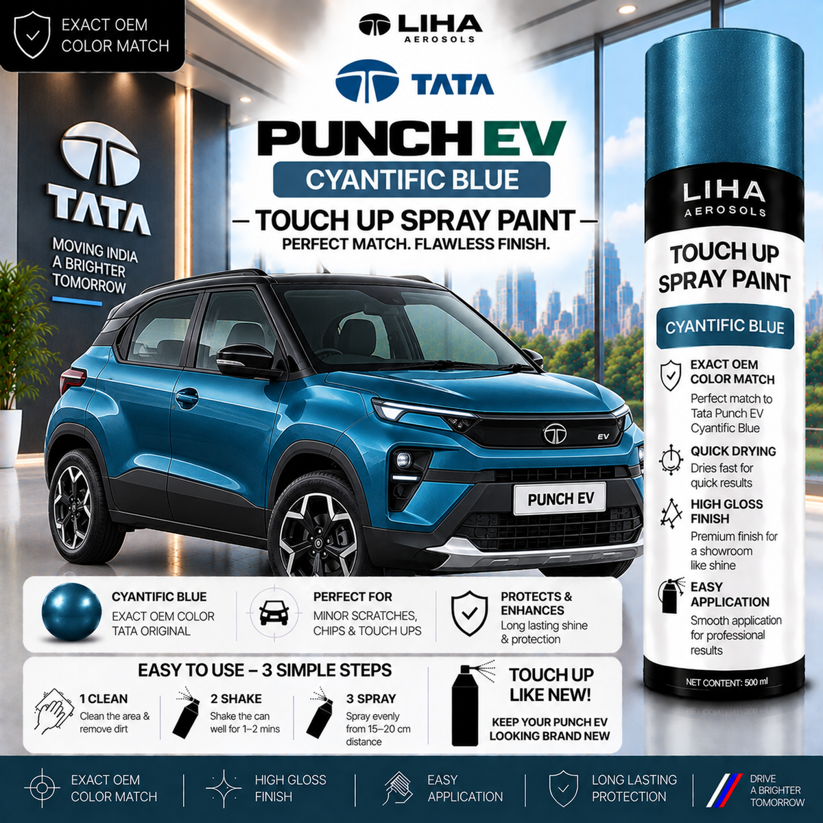 Tata Punch EV Cyantific Blue Touch Up Spray Paint – OEM Color Match | LIHA Aerosols 500ml