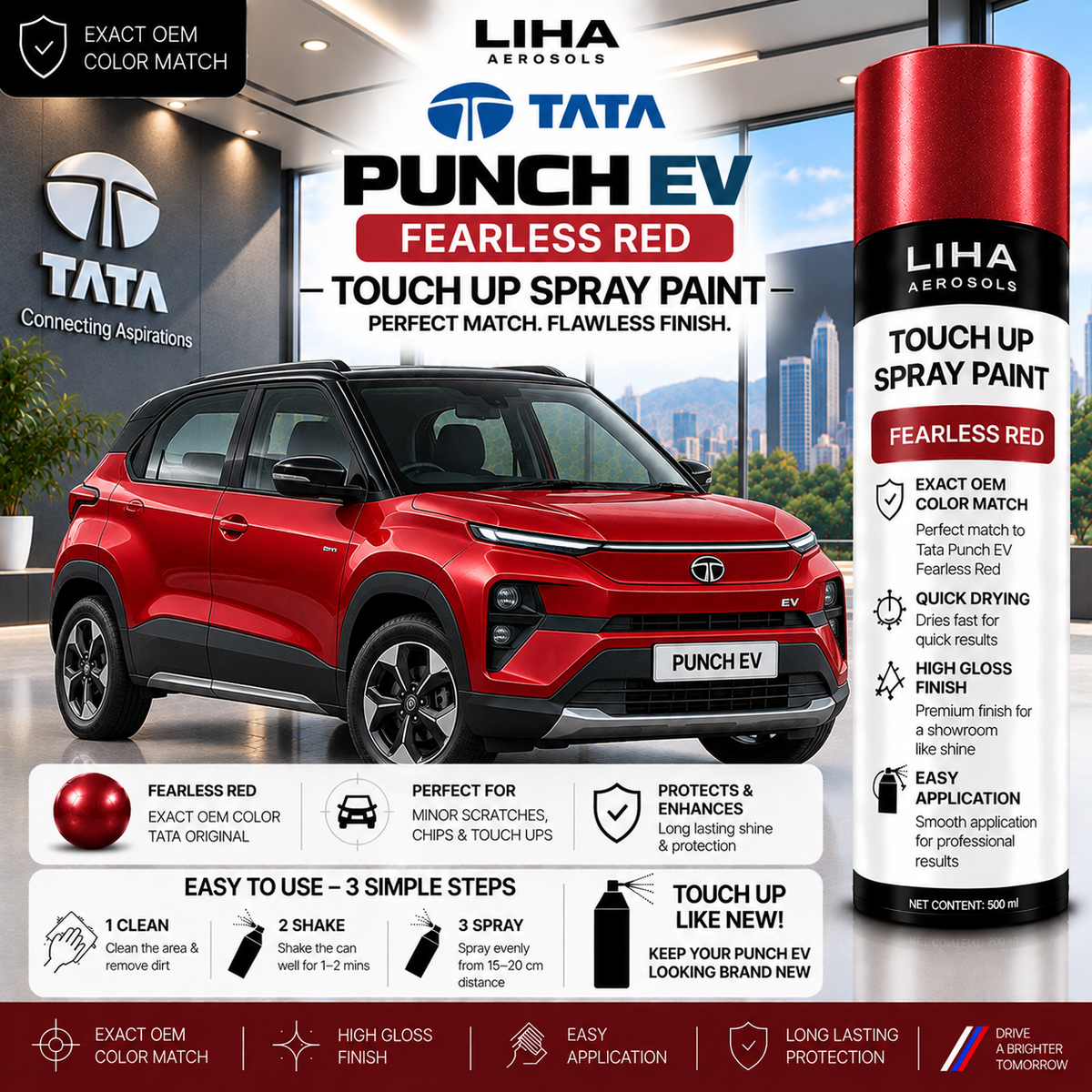 Tata Punch EV Fearless Red Touch Up Spray Paint – OEM Color Match | LIHA Aerosols 500ml