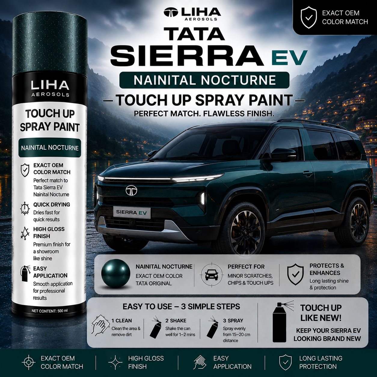 Tata Sierra EV Nainital Nocturne Touch Up Spray Paint – OEM Color Match | LIHA Aerosols 500ml
