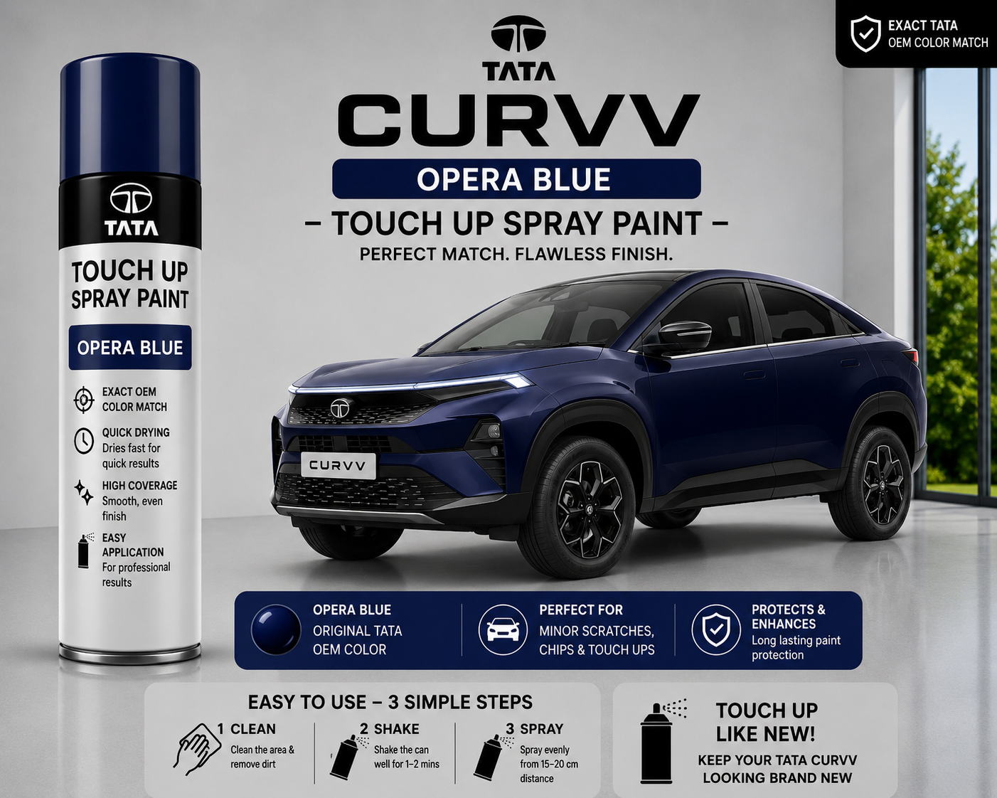Tata Curvv Opera Blue Touch Up Spray Paint – OEM Color Match | LIHA Aerosols 500ml